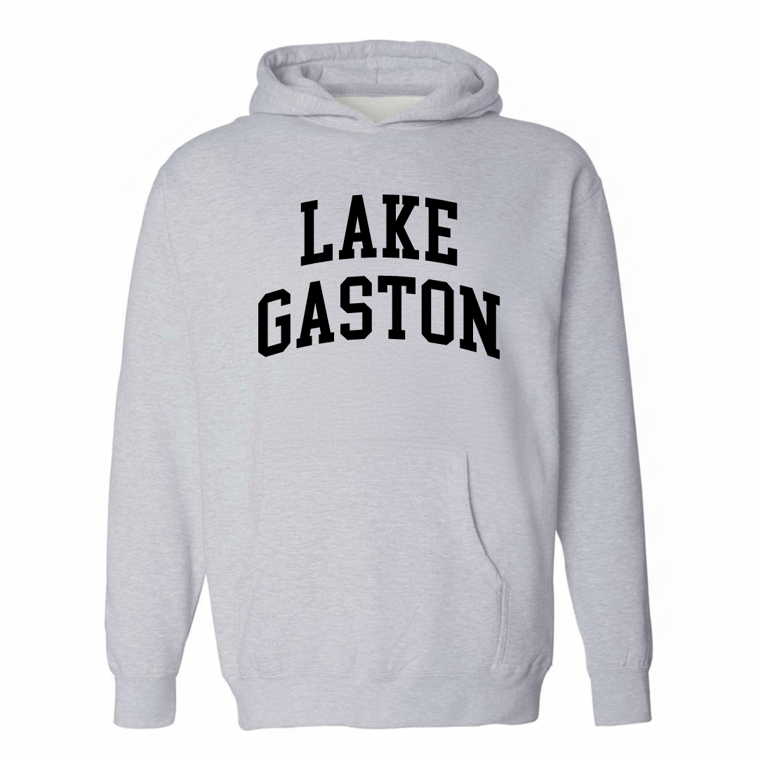 Heather-gray hoodie with the Lake Gaston varsity arched lettering design on the chest.