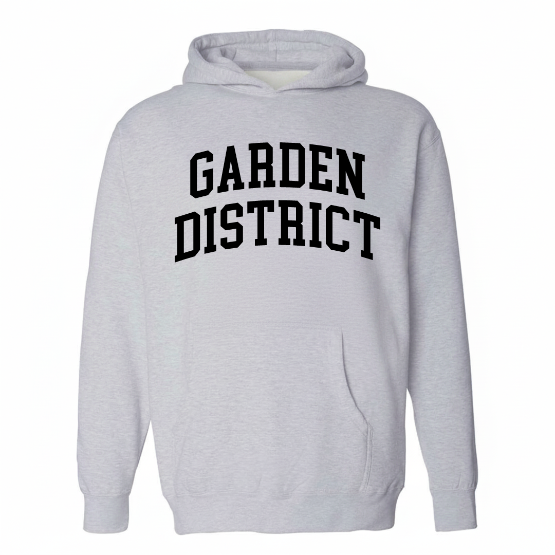 Heather-gray hoodie with the Garden District varsity arched lettering design on the chest.