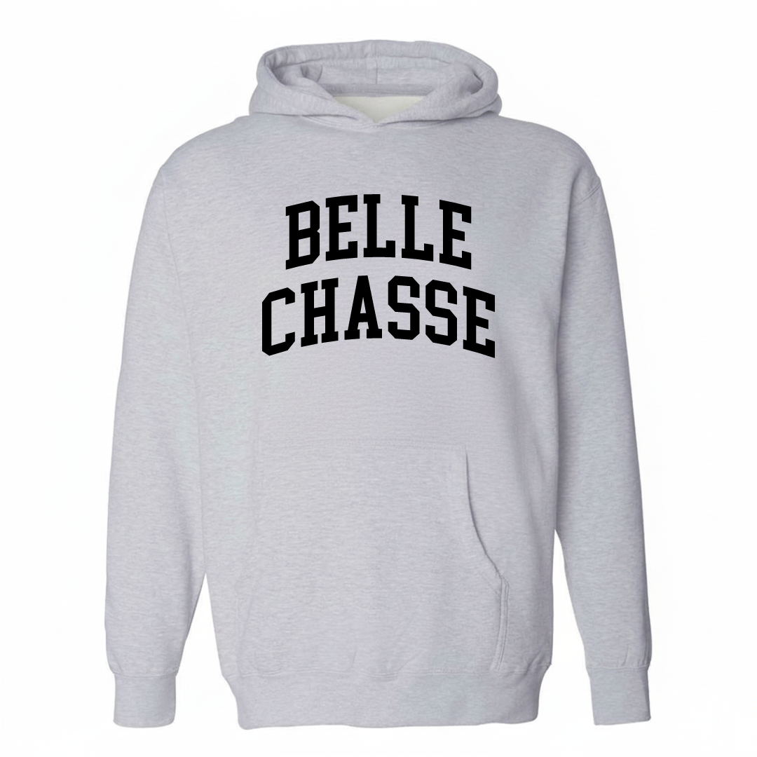 Heather-gray hoodie with the Belle Chasse varsity arched lettering design on the chest.