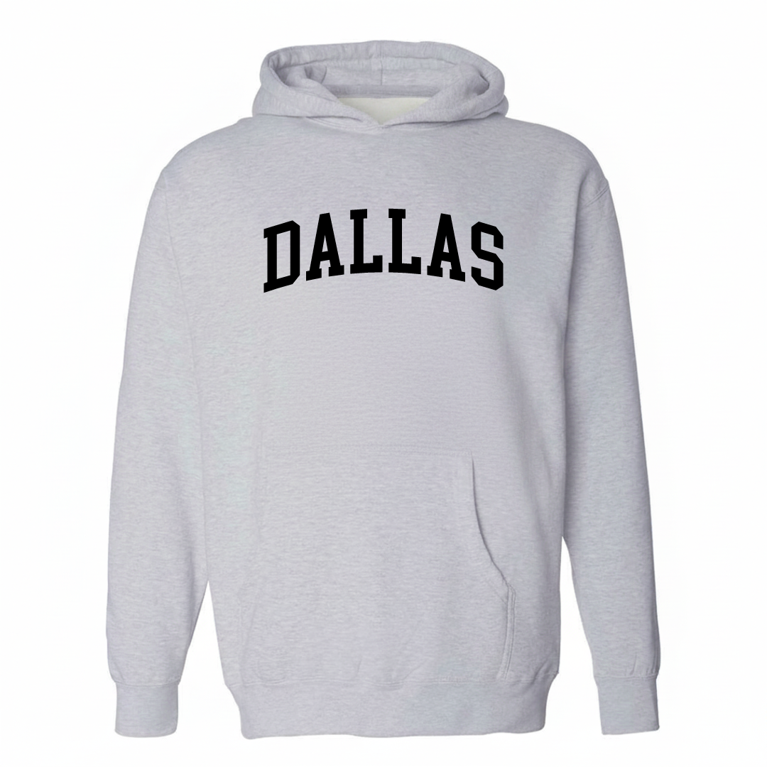 Heather-gray hoodie with the Dallas NC varsity arched lettering design on the chest.