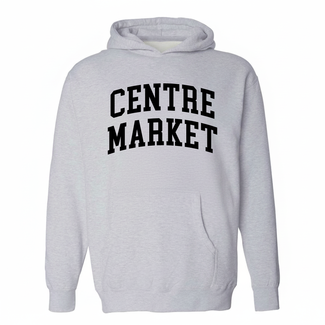 Heather-gray hoodie with the Centre Market varsity arched lettering design on the chest.