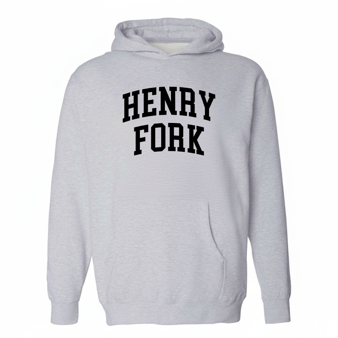 Heather-gray hoodie with the Henry Fork arched varsity lettering design on the chest.