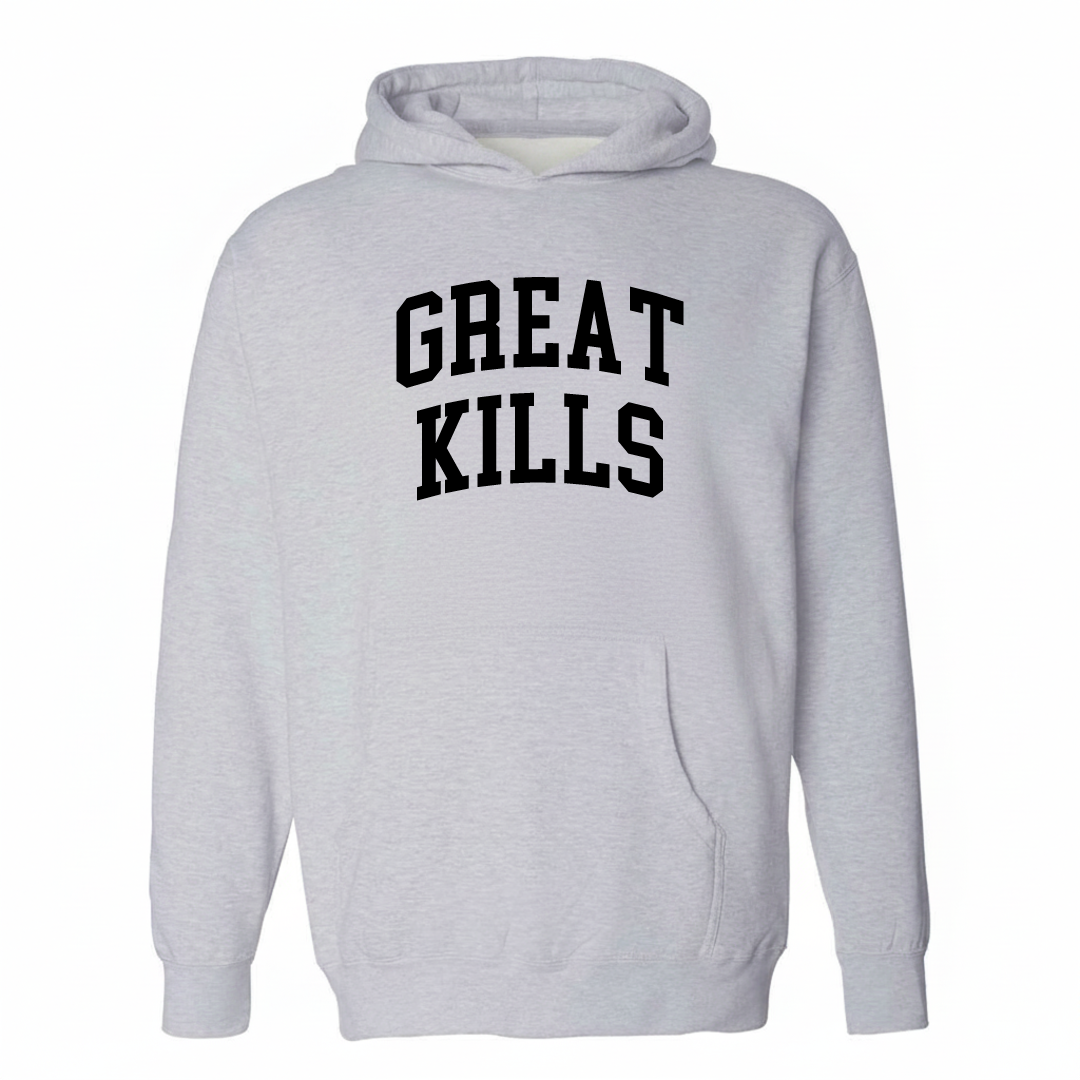 Heather-gray hoodie with the Great Kills arched varsity lettering design on the chest.