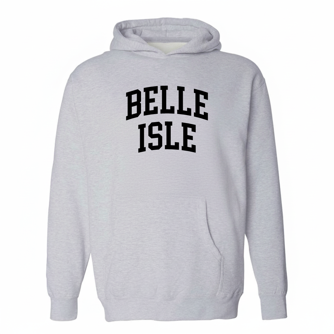Heather-gray hoodie with the Belle Isle varsity arched lettering design on the chest.