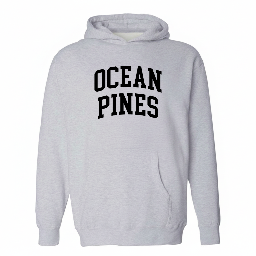 Heather-gray hoodie with the Ocean Pines varsity arched lettering design on the chest.