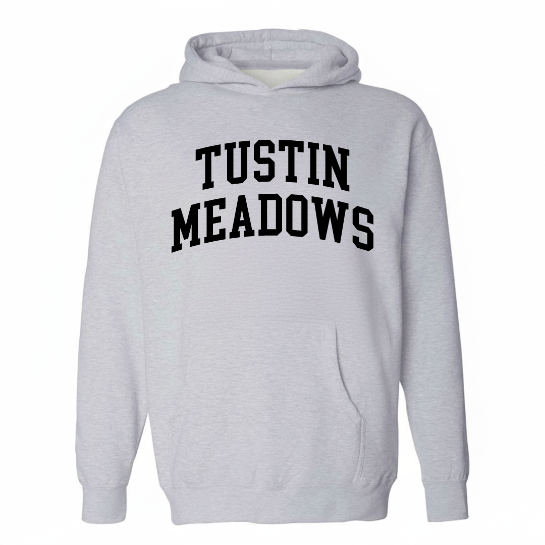 Heather-gray hoodie with the Tustin Meadows varsity arched lettering design on the chest.
