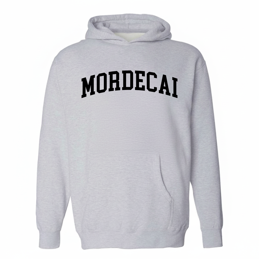 Heather-gray hoodie with the Mordecai arched lettering varsity-collegiate design on the chest.