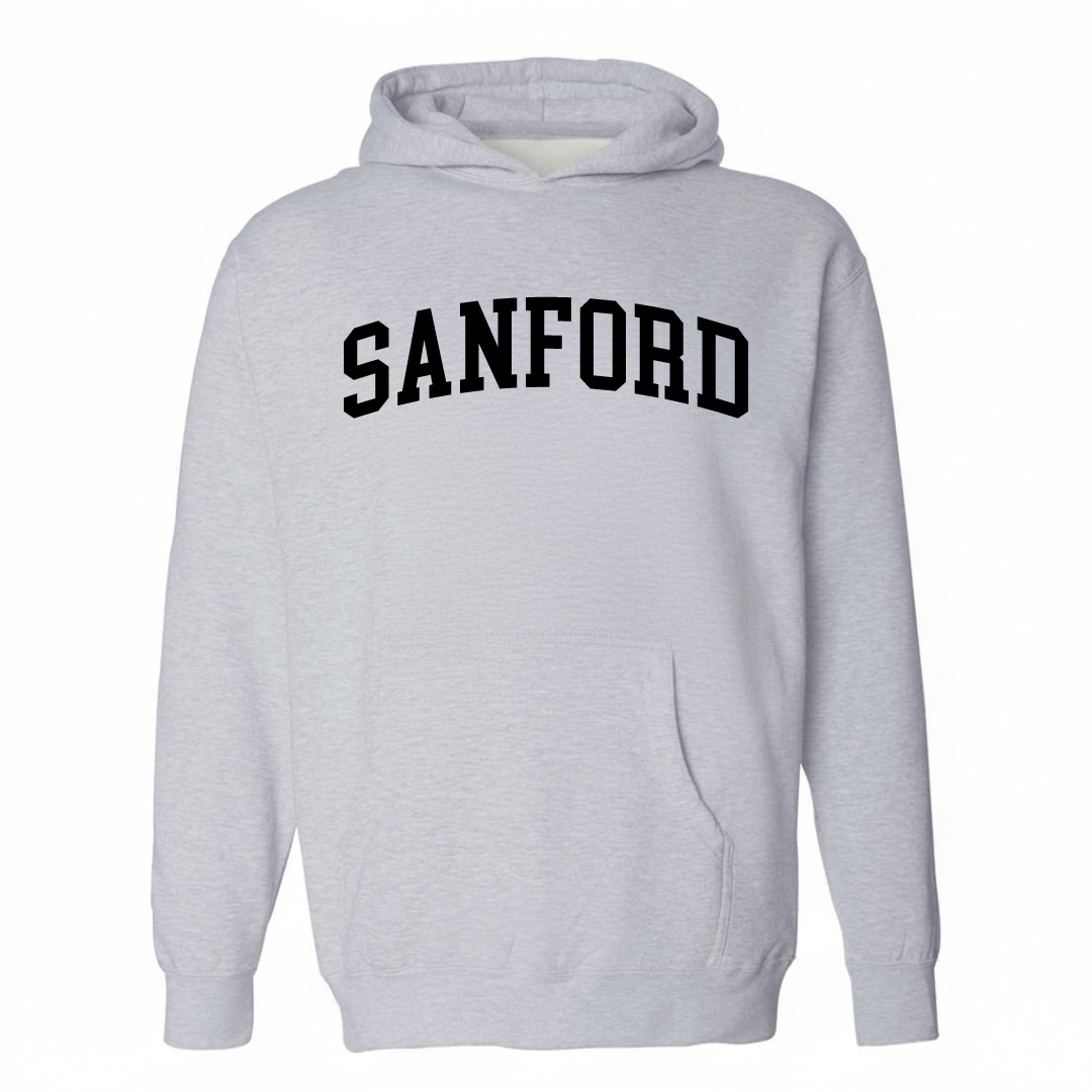 Heather-gray hoodie with the Sanford arched varsity lettering design on the chest.