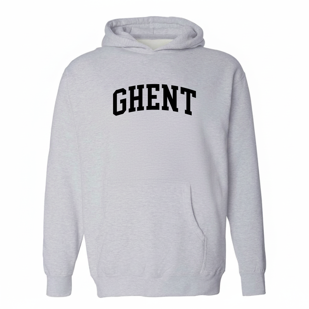 Heather-gray hoodie with the Ghent arched lettering design on the chest.