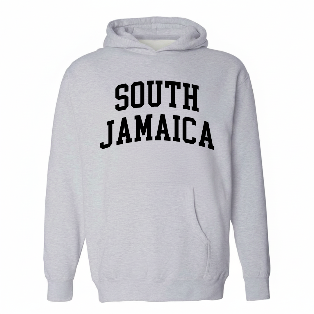 Heather-gray hoodie with the South Jamaica arched lettering varsity-collegiate design on the chest.