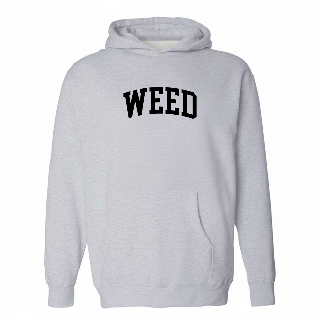 Heather-gray hoodie with the Weed CA varsity arched lettering design on the chest.