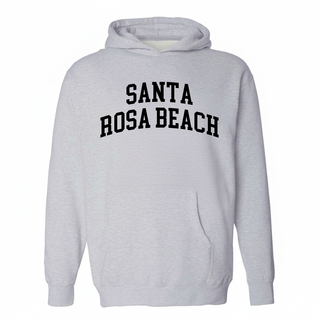 Heather-gray hoodie with the Santa Rosa Beach arched varsity lettering design on the chest.