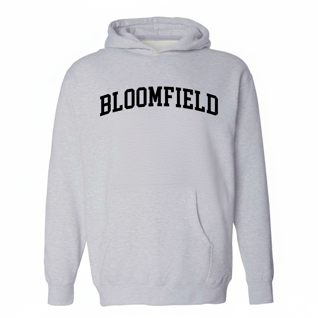 Heather-gray hoodie with the Bloomfield varsity arched lettering design on the chest.