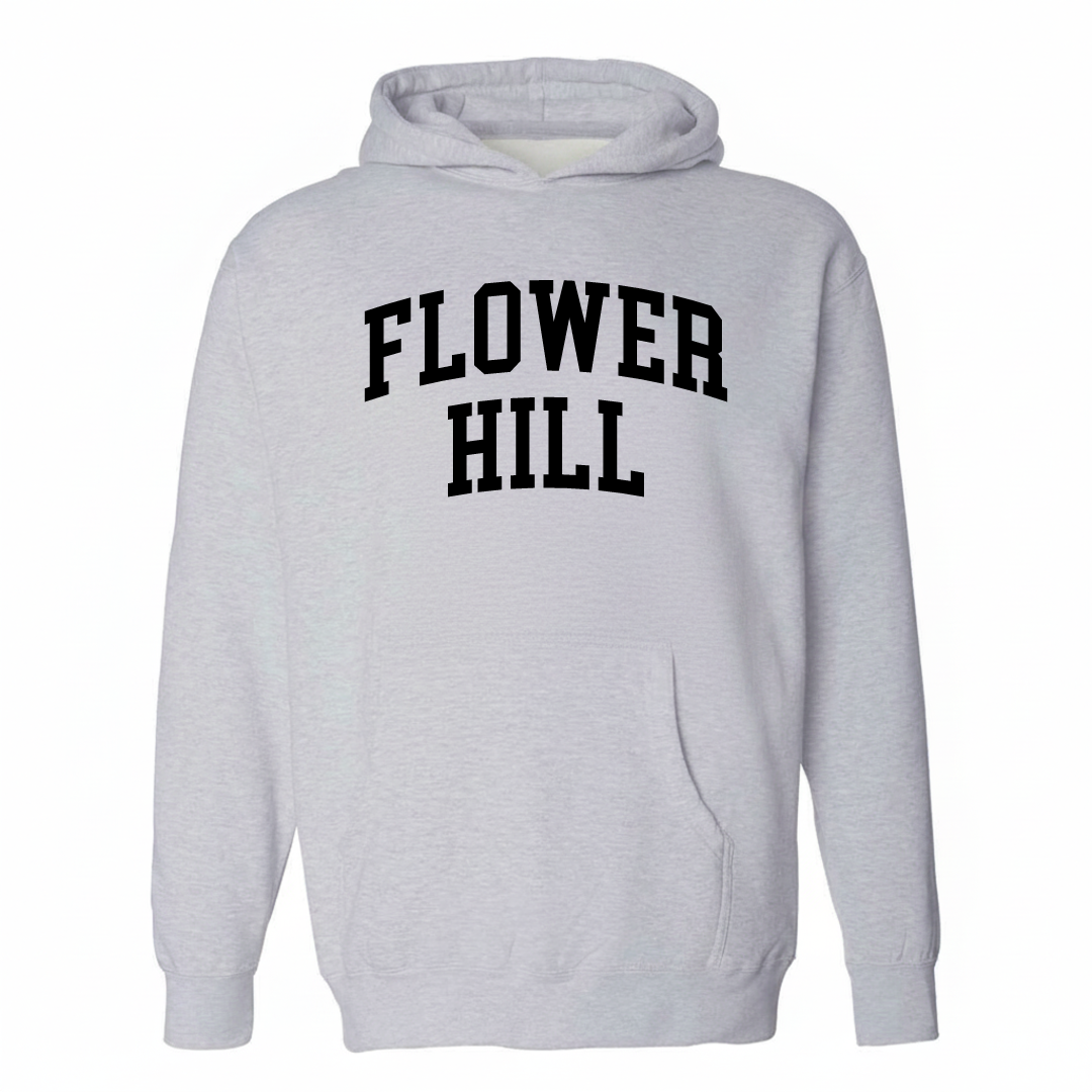 Heather-gray hoodie with the Flower Hill varsity arched lettering design on the chest.