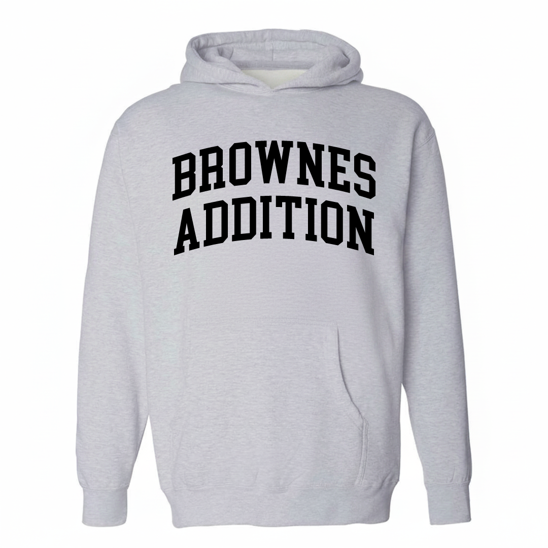 Heather-gray hoodie with the Browne's Addition varsity arched lettering design on the chest.