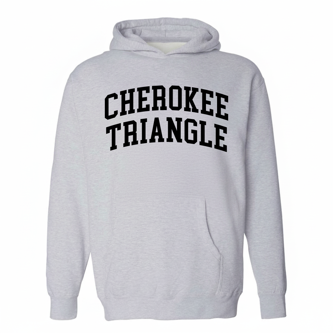 Heather-gray hoodie with the Cherokee Triangle varsity arched lettering design on the chest.
