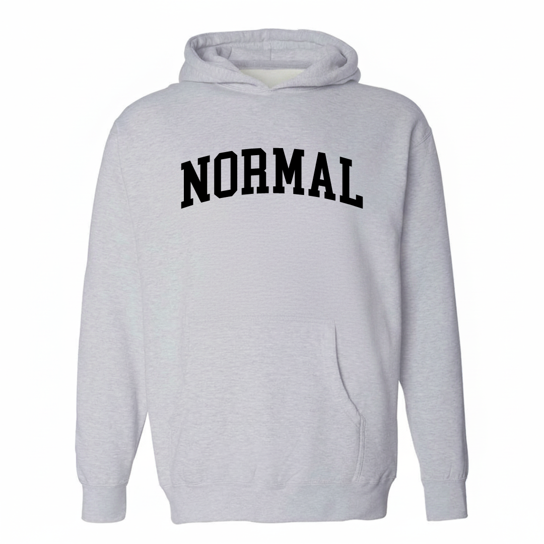 Heather-gray hoodie with the Normal arched lettering varsity-collegiate design on the chest.