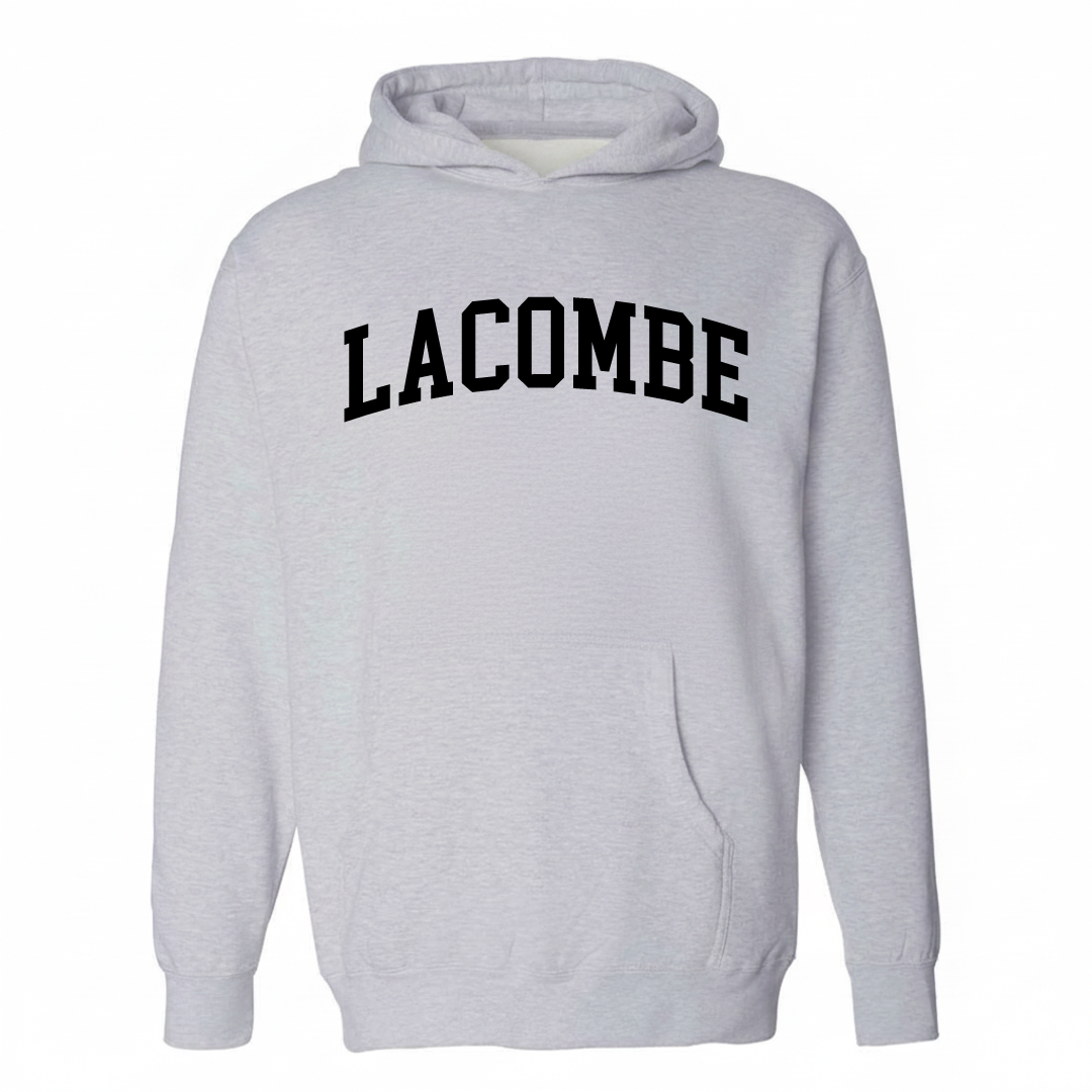 Heather-gray hoodie with the Lacombe varsity arched lettering design on the chest.