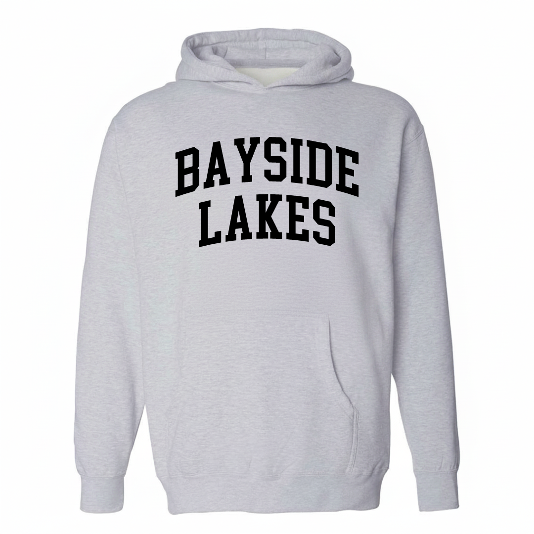 Heather-gray hoodie with the Bayside Lakes varsity arched lettering design on the chest.