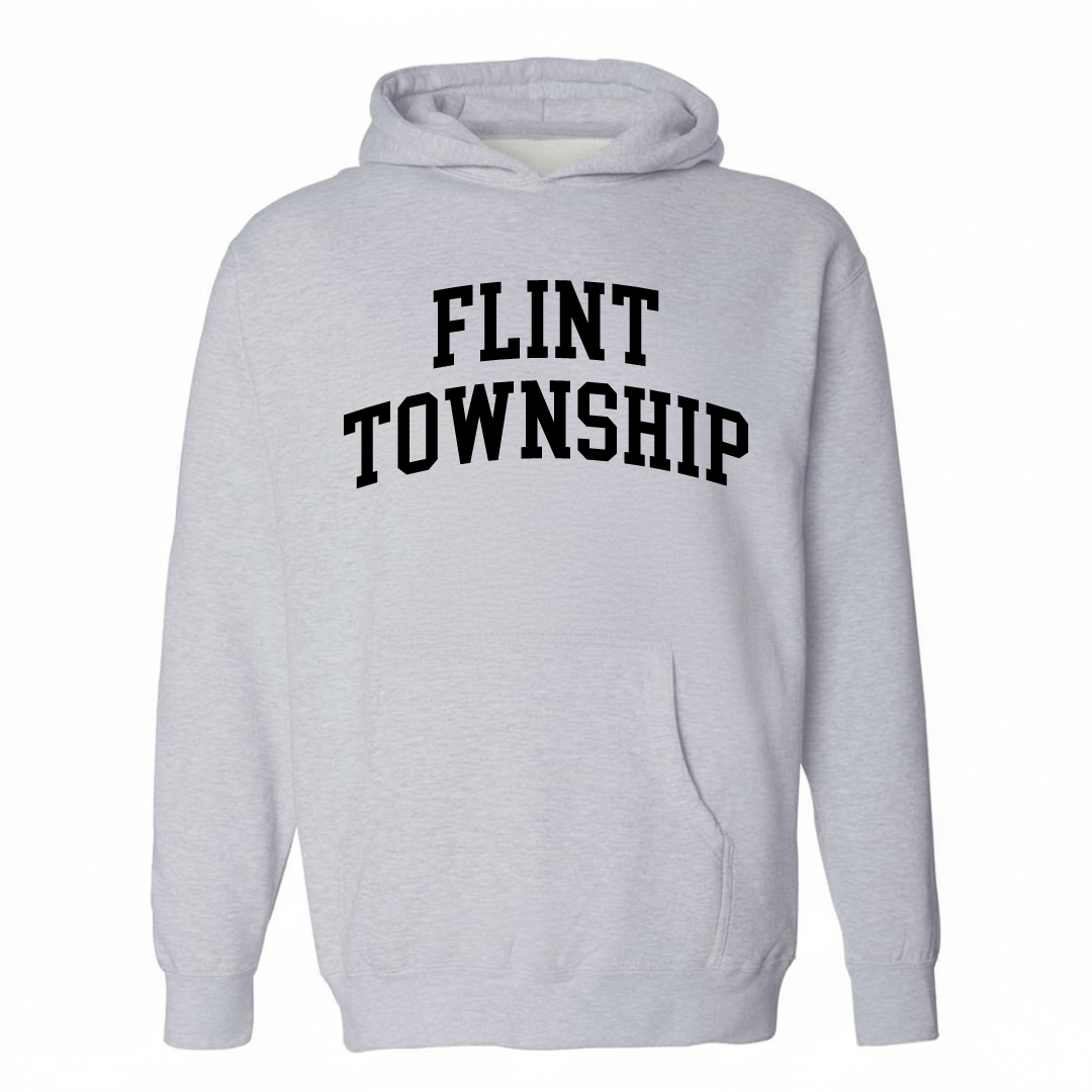 Heather-gray hoodie with the Flint Township varsity arched lettering design on the chest.