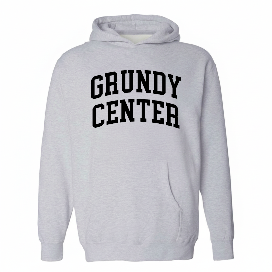 Heather-gray hoodie with the Grundy Center varsity arched lettering design on the chest.