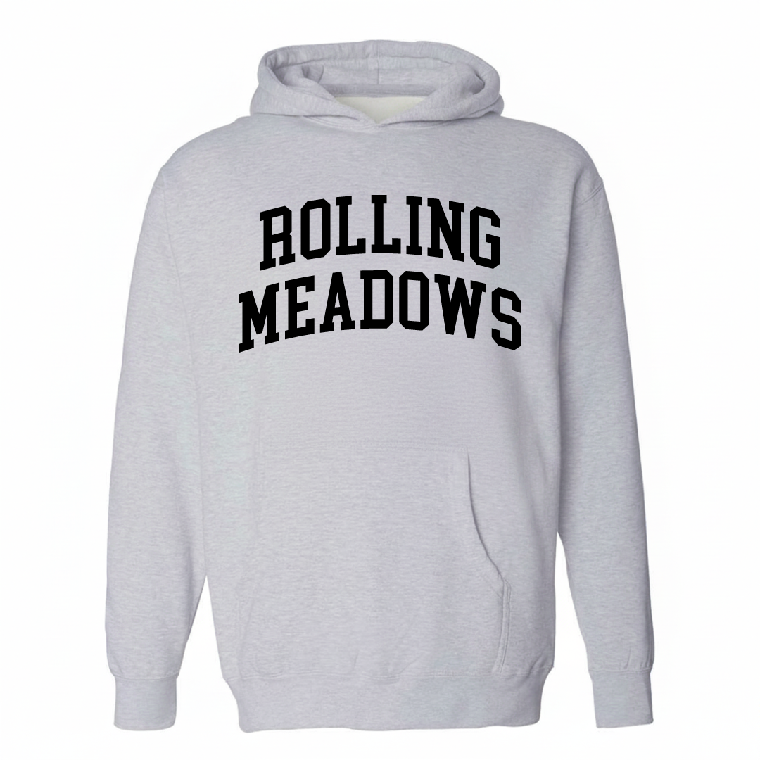 Heather-gray hoodie with the Rolling Meadows varsity arched lettering design on the chest.