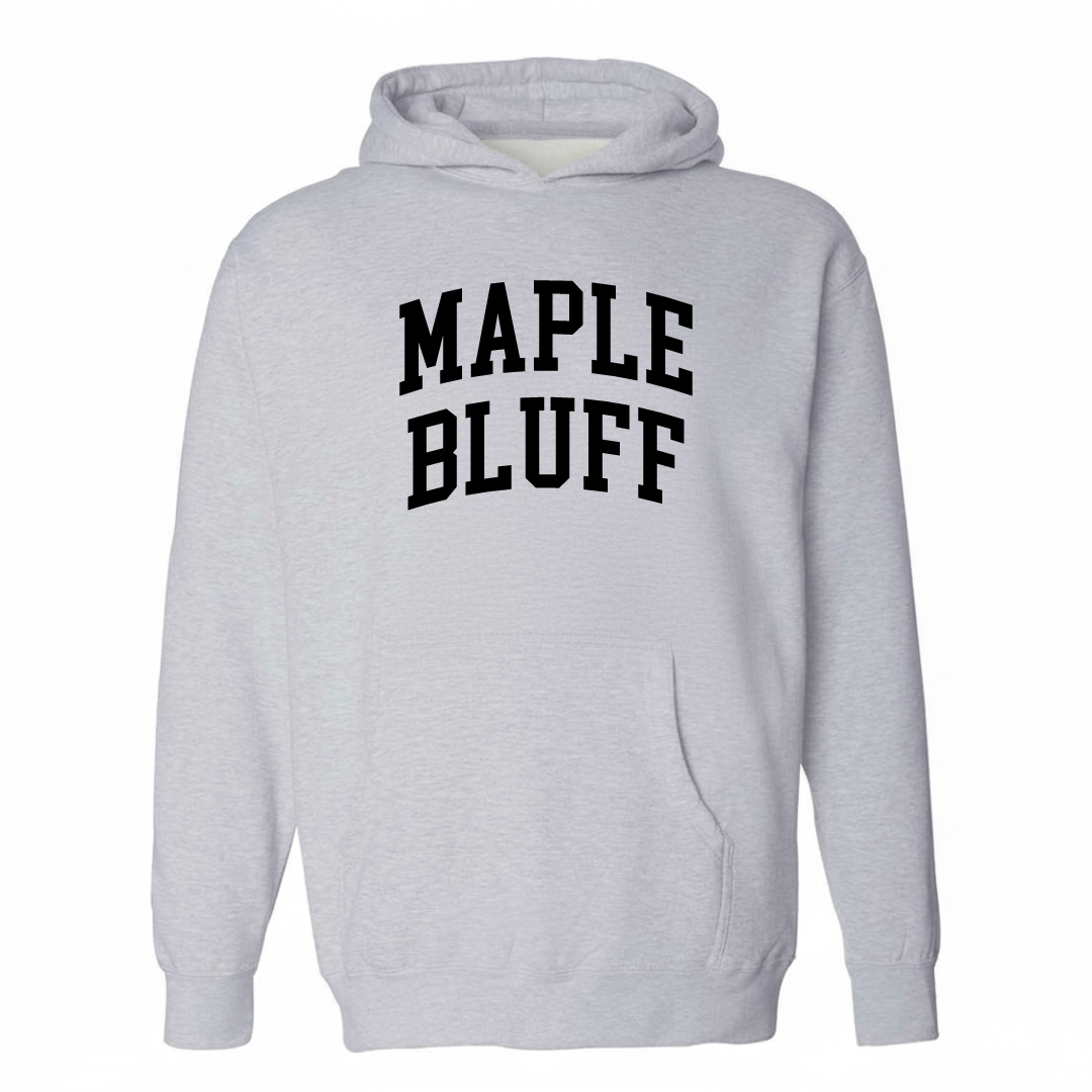 Heather-gray hoodie with the Maple Bluff varsity arched lettering design on the chest.