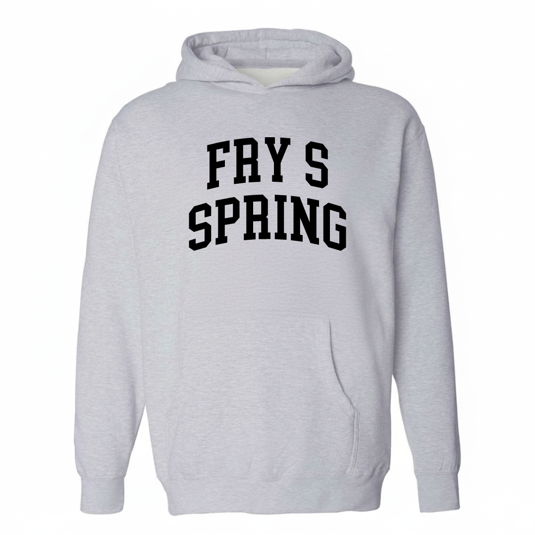 Heather-gray hoodie with the Fry's Spring varsity arched lettering design on the chest.