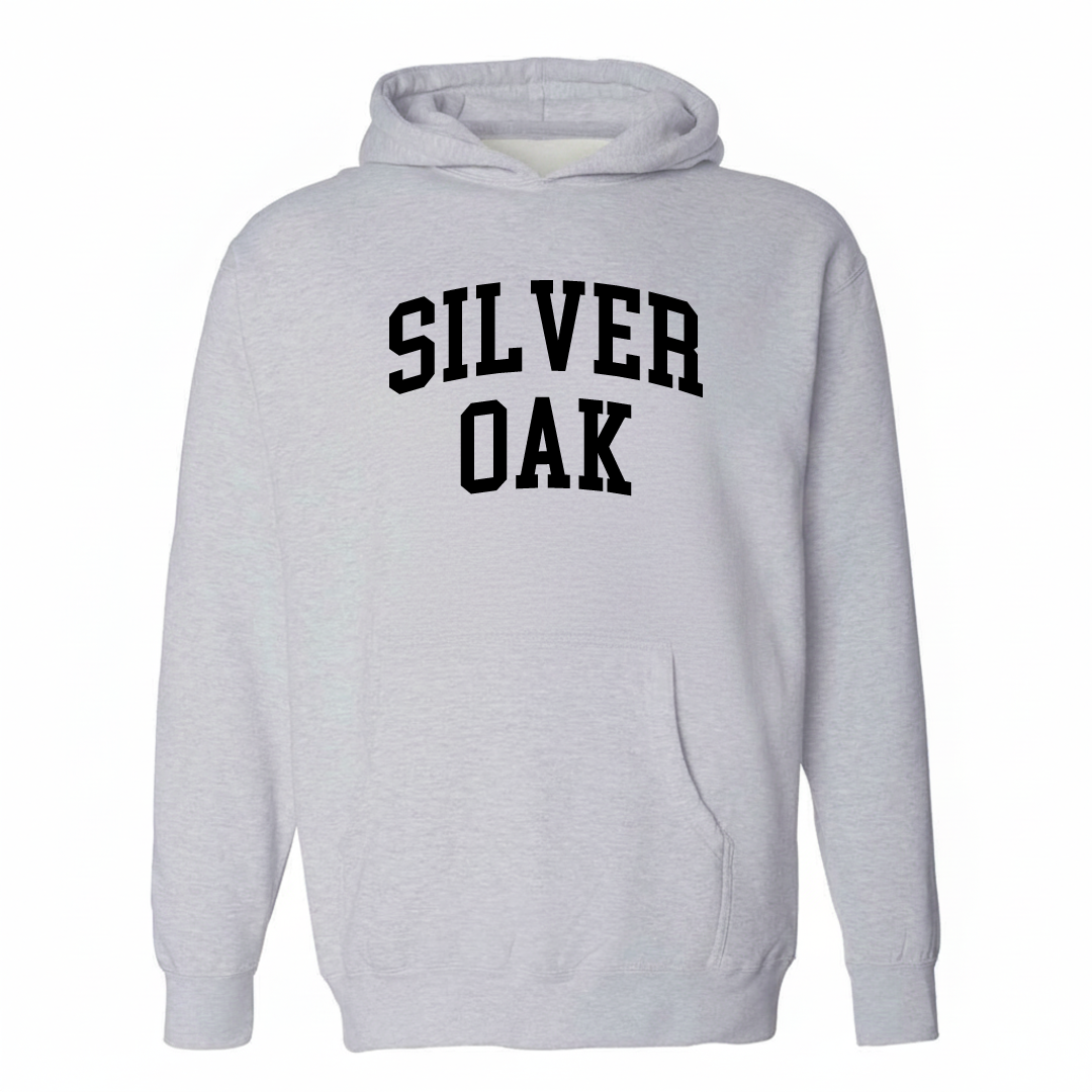 Heather-gray hoodie with the Silver Oak varsity arched lettering design on the chest.