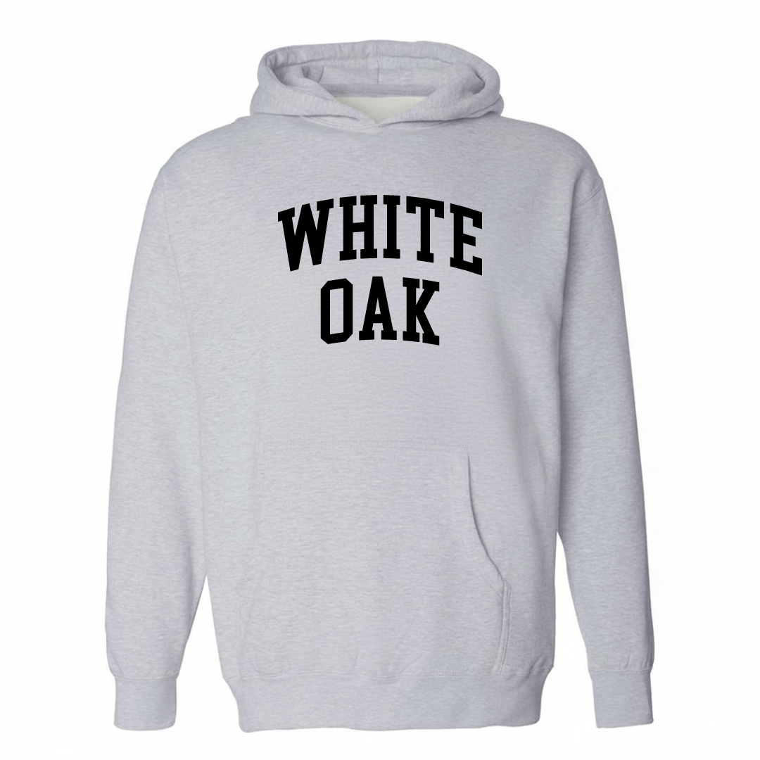 Heather-gray hoodie with the White Oak varsity arched lettering design on the chest.