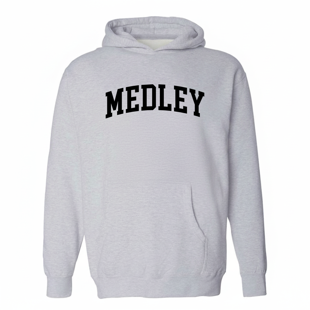 Heather-gray hoodie with the Medley varsity arched lettering design on the chest.