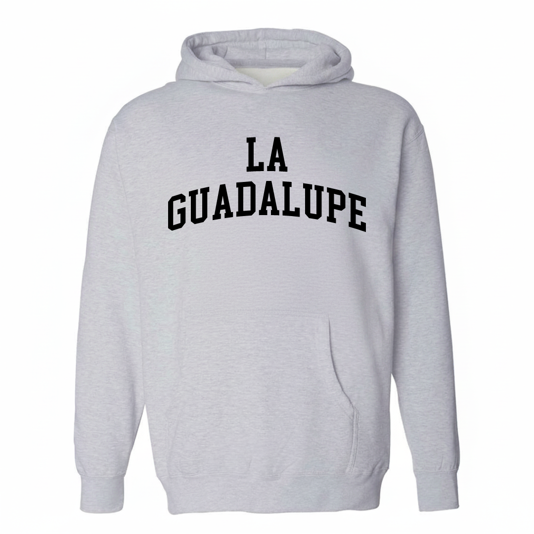 Heather-gray hoodie with the La Guadalupe arched lettering design on the chest.