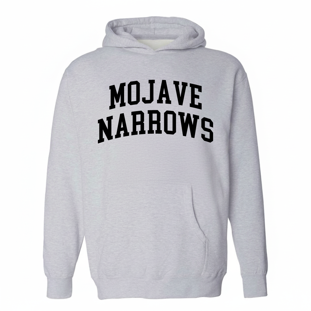 Heather-gray hoodie with the Mojave Narrows varsity arched lettering design on the chest.