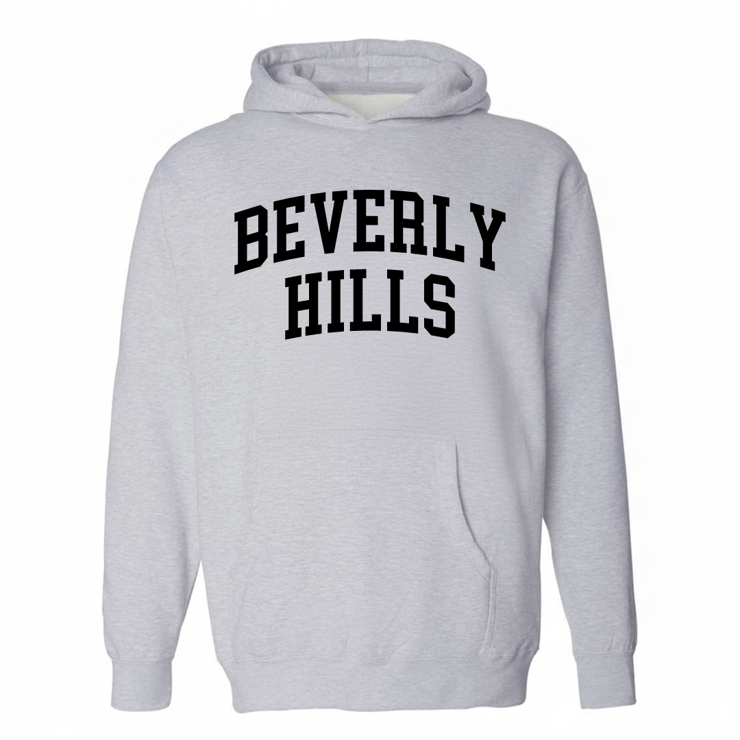 Heather-gray hoodie with the Beverly Hills Detroit arched varsity lettering design on the chest.