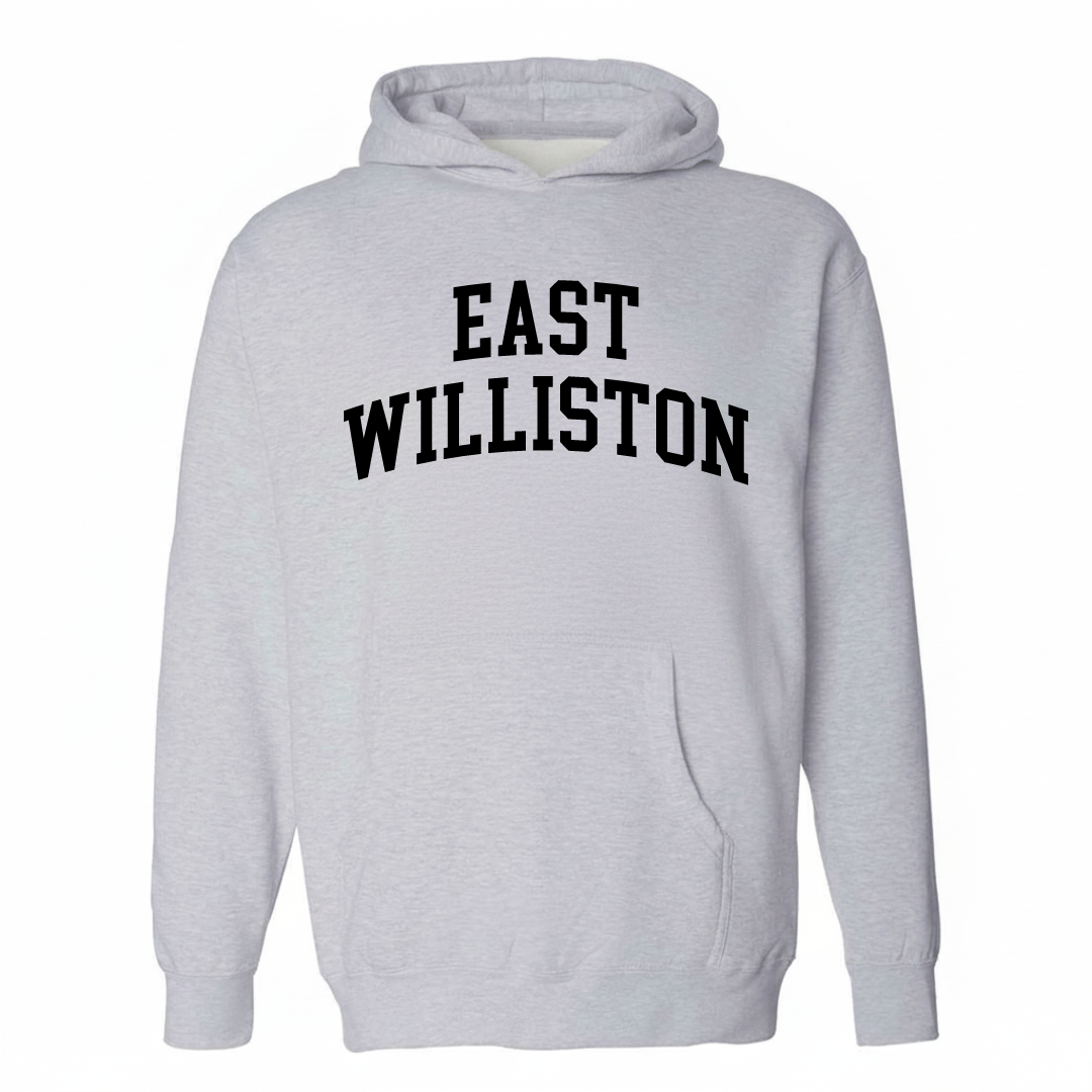 Heather-gray hoodie with the East Williston arched lettering varsity-collegiate design on the chest.