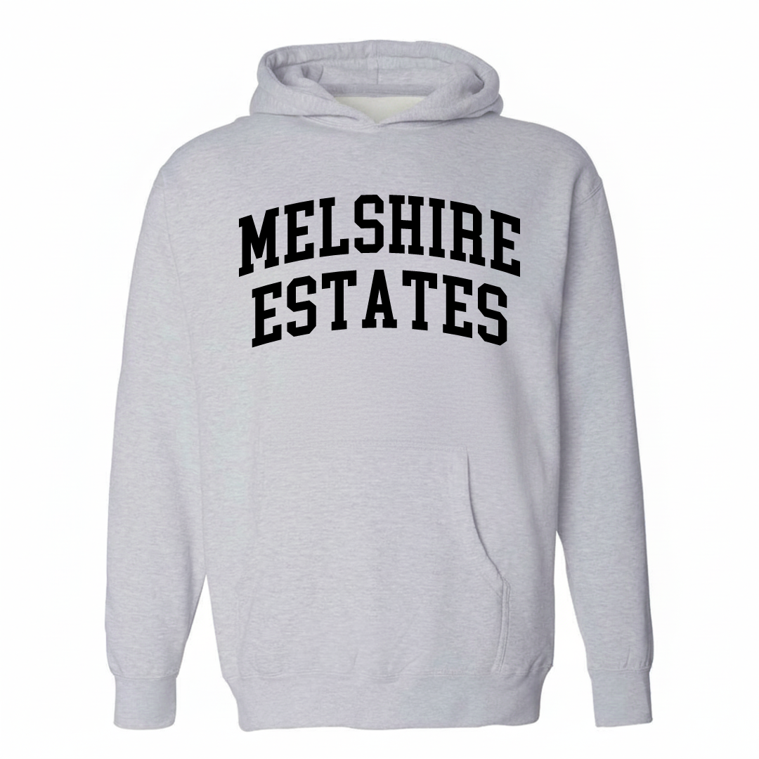 Heather-gray hoodie with the Melshire Estates varsity arched lettering design on the chest.