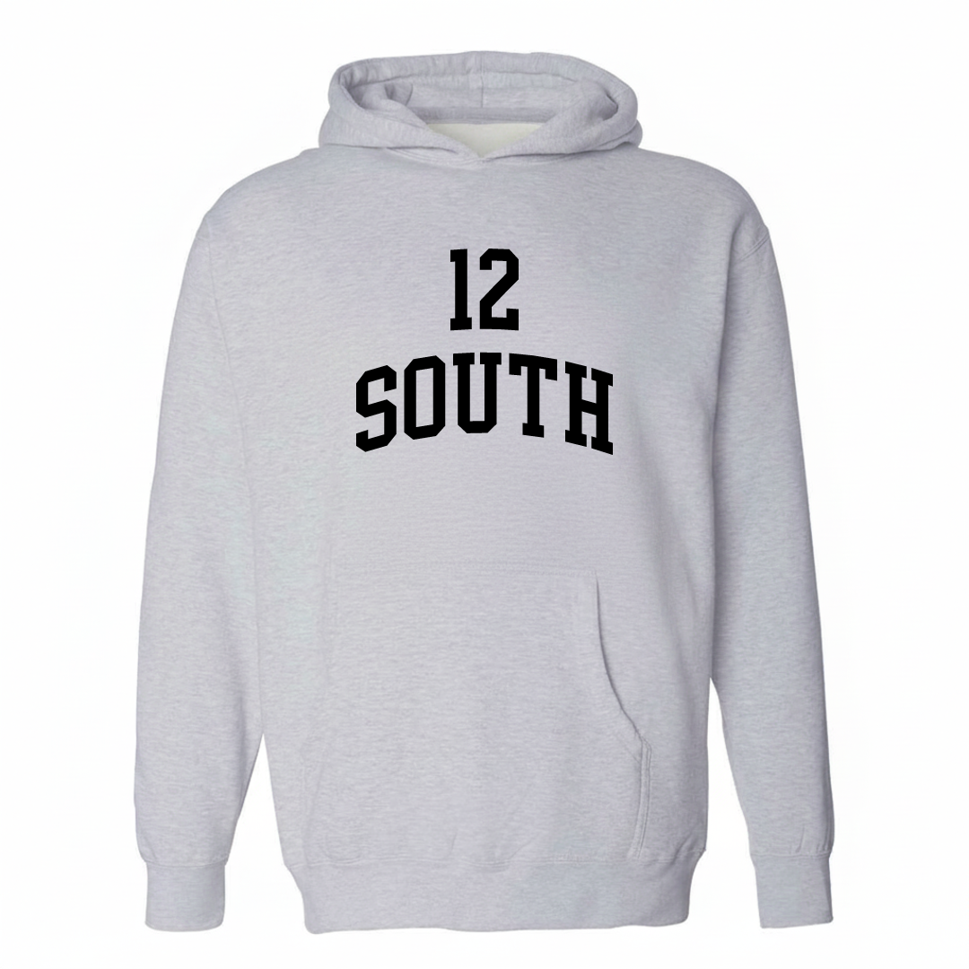 Heather-gray hoodie with the 12 South Nashville varsity arched lettering design on the chest.