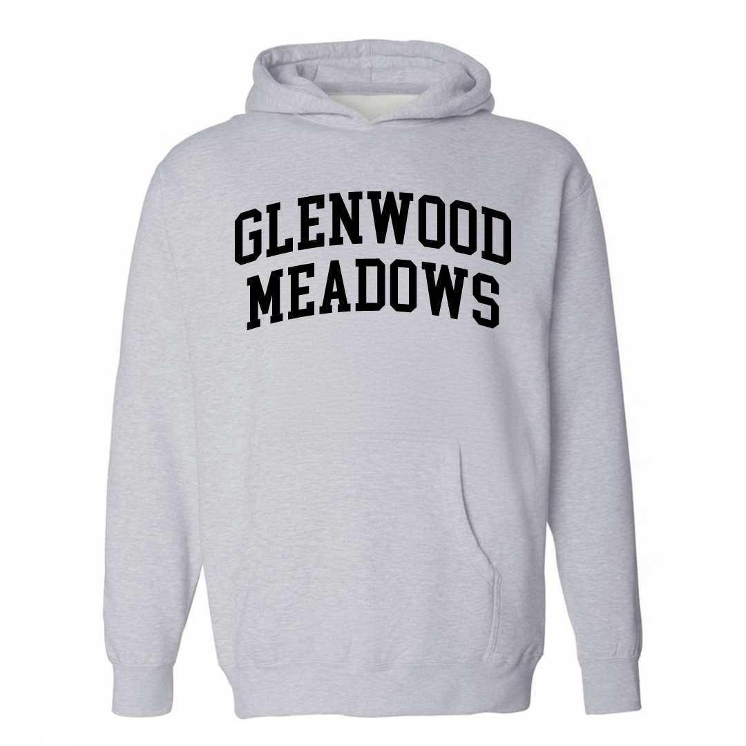 Heather-gray hoodie with the Glenwood Meadows varsity arched lettering design on the chest.