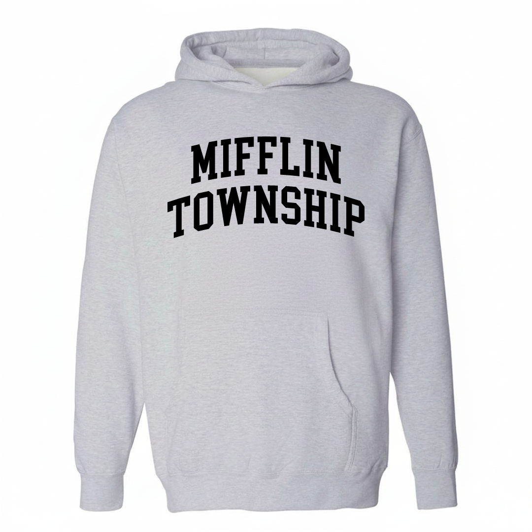 Heather-gray hoodie with the Mifflin Township varsity arched lettering design on the chest.