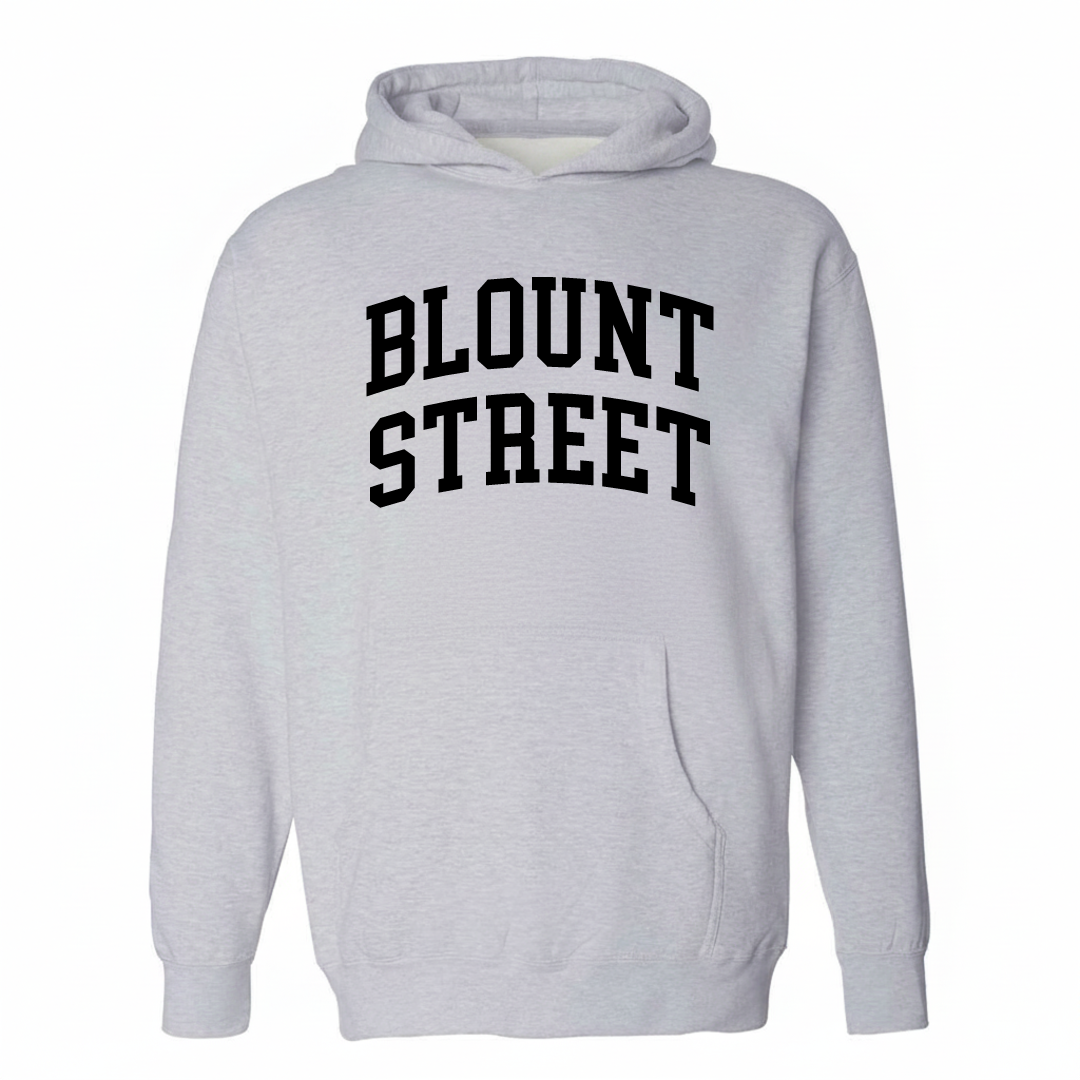 Heather-gray hoodie with the Blount Street varsity arched lettering design on the chest.