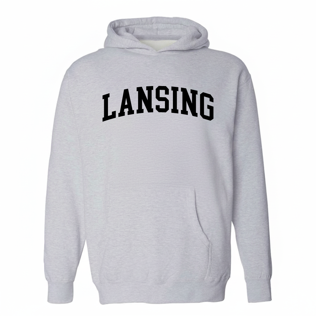 Heather-gray hoodie with the Lansing arched lettering varsity-collegiate design on the chest.