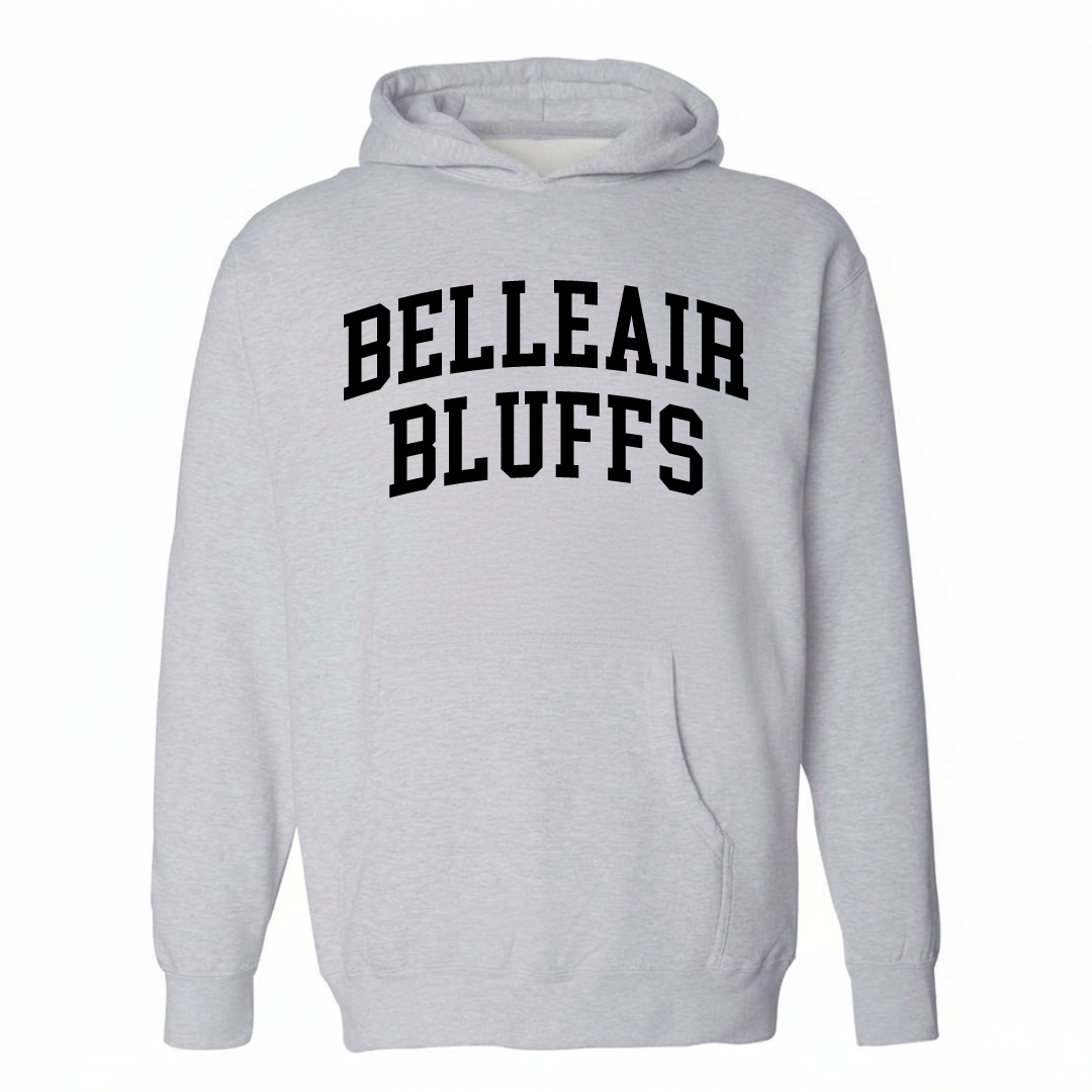 Heather-gray hoodie with the Belleair Bluffs arched varsity lettering design on the chest.
