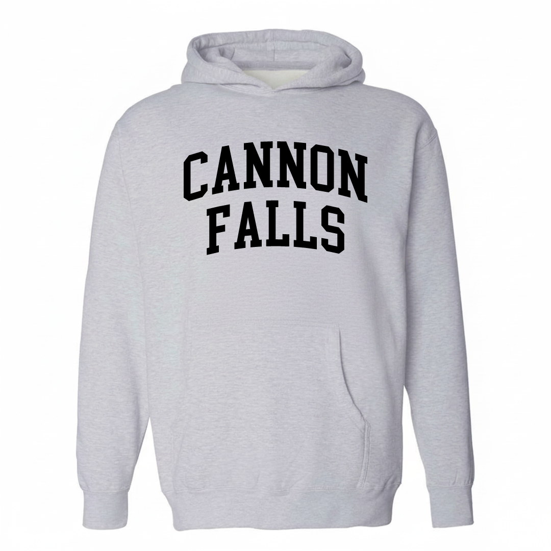 Heather-gray hoodie with the Cannon Falls varsity arched lettering design on the chest.