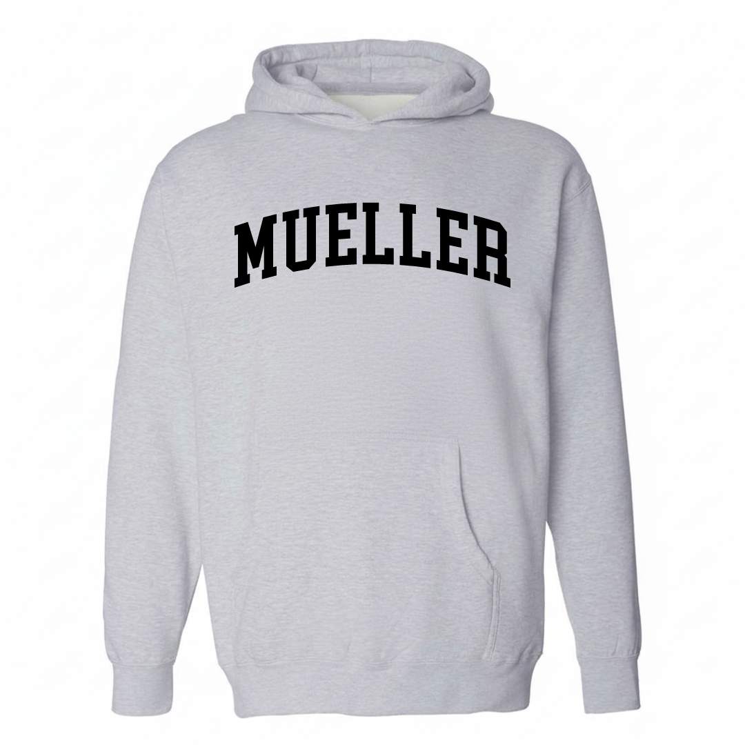 Heather-gray hoodie with the Mueller arched lettering varsity-collegiate design on the chest.