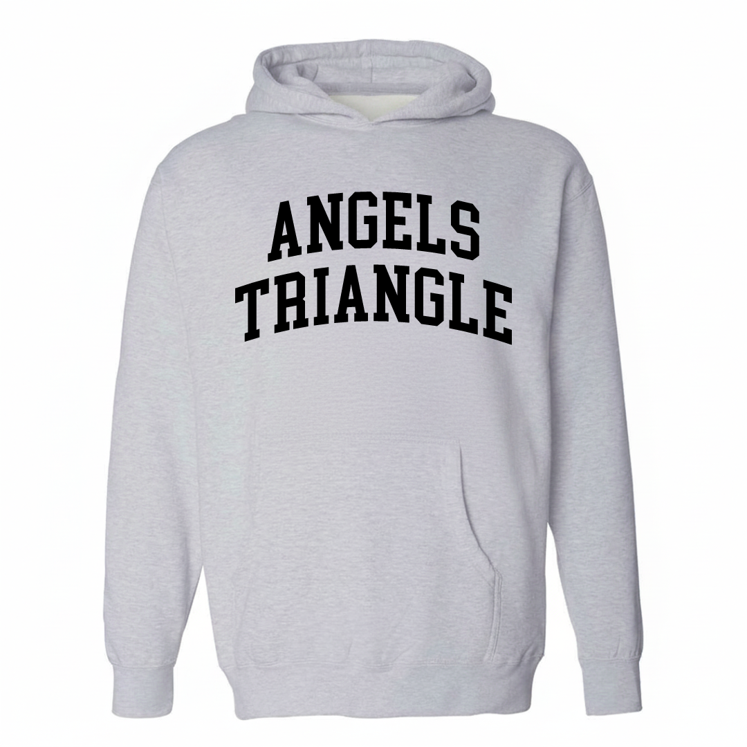 Heather-gray hoodie with the Angel's Triangle varsity arched lettering design on the chest.