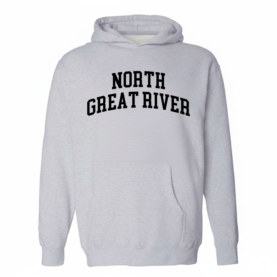 Heather-gray hoodie with the North Great River arched varsity lettering design on the chest.