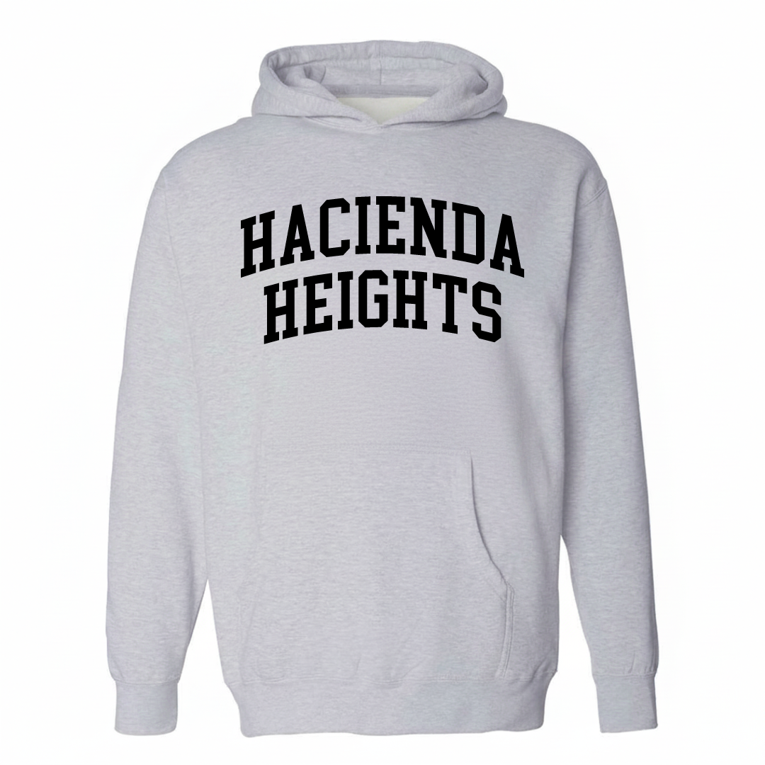 Heather-gray hoodie with the Hacienda Heights varsity arched lettering design on the chest.