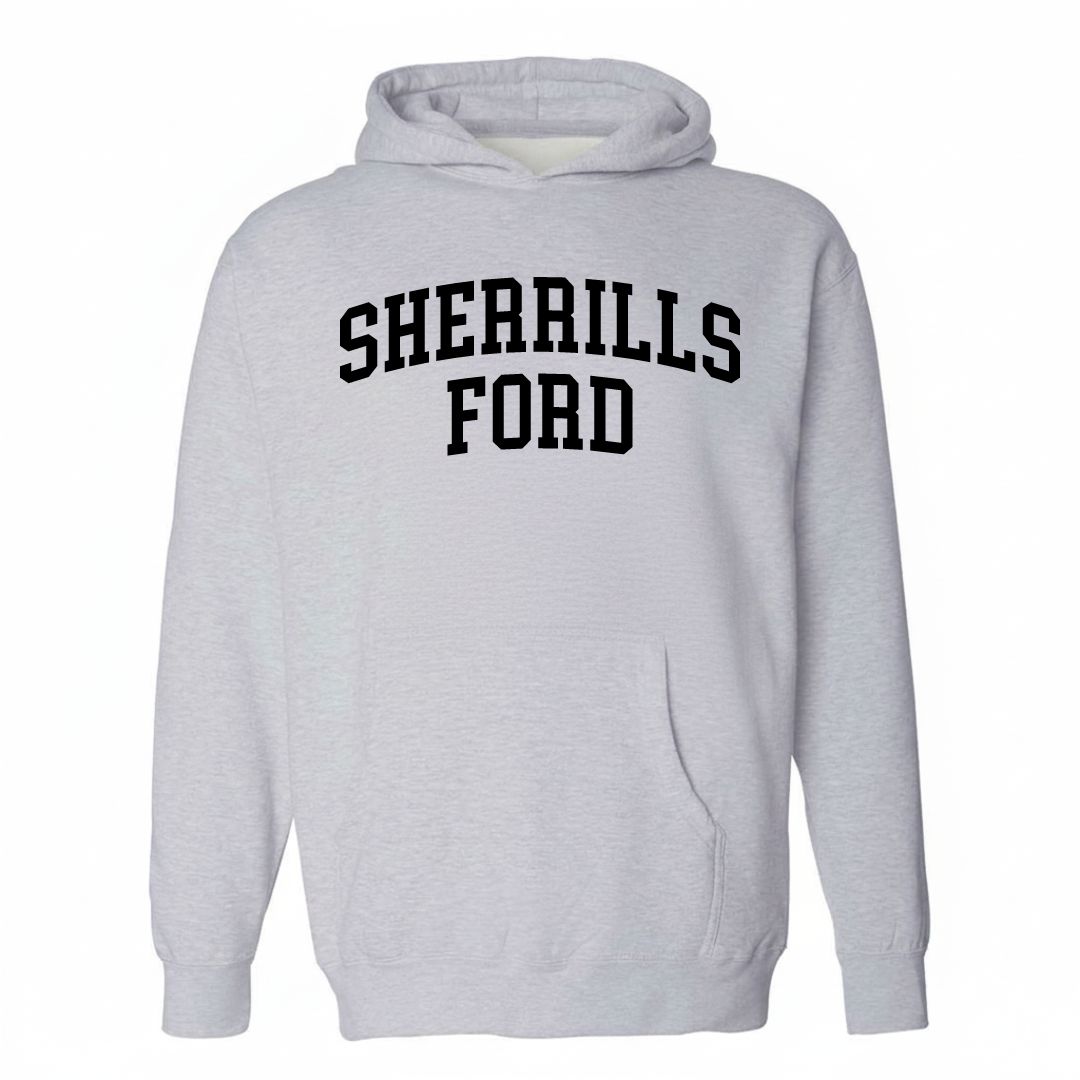 Heather-gray hoodie with the Sherrills Ford varsity arched lettering design on the chest.
