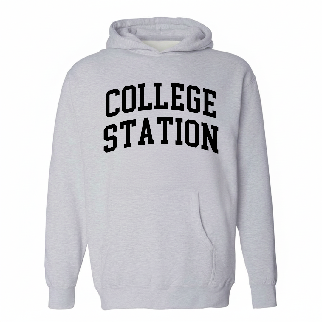 Heather-gray hoodie with the College Station varsity arched lettering design on the chest.