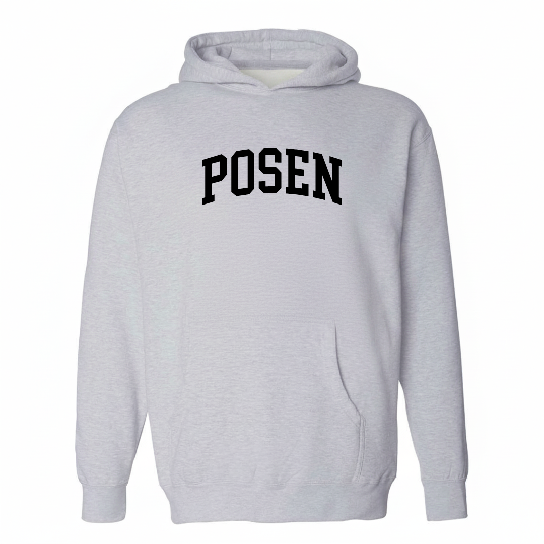 Heather-gray hoodie with the Posen varsity arched lettering design on the chest.
